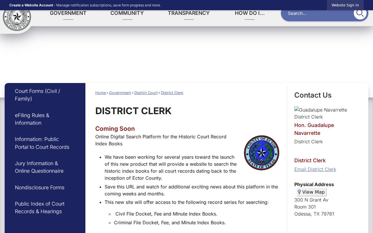 Ector County warrant records and District Clerk access page