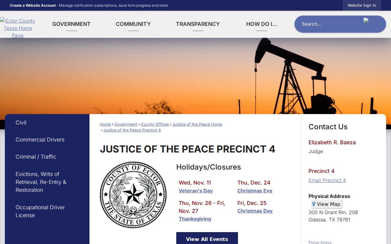 Ector County bench warrant records and JP Precinct 4 contact page