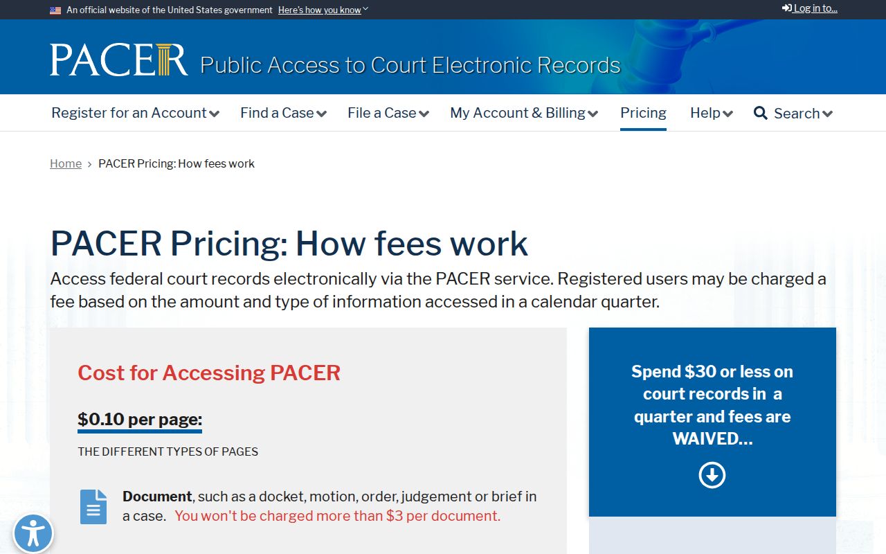 PACER case access and pricing information for federal docket records